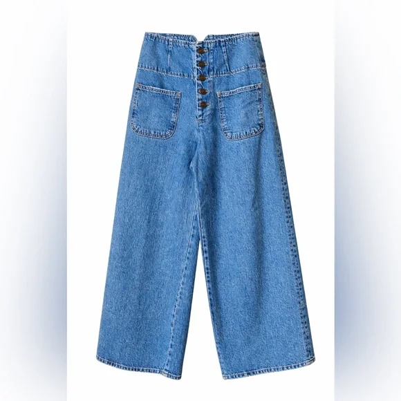 Free People Wide Leg High Rise Button Fly Jeans Size 27 Sailor Style Denim - Picture 1 of 14